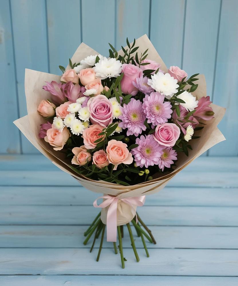 Букет цветов из: Хризантемы, Розы и Альстромерии в Межозёрном