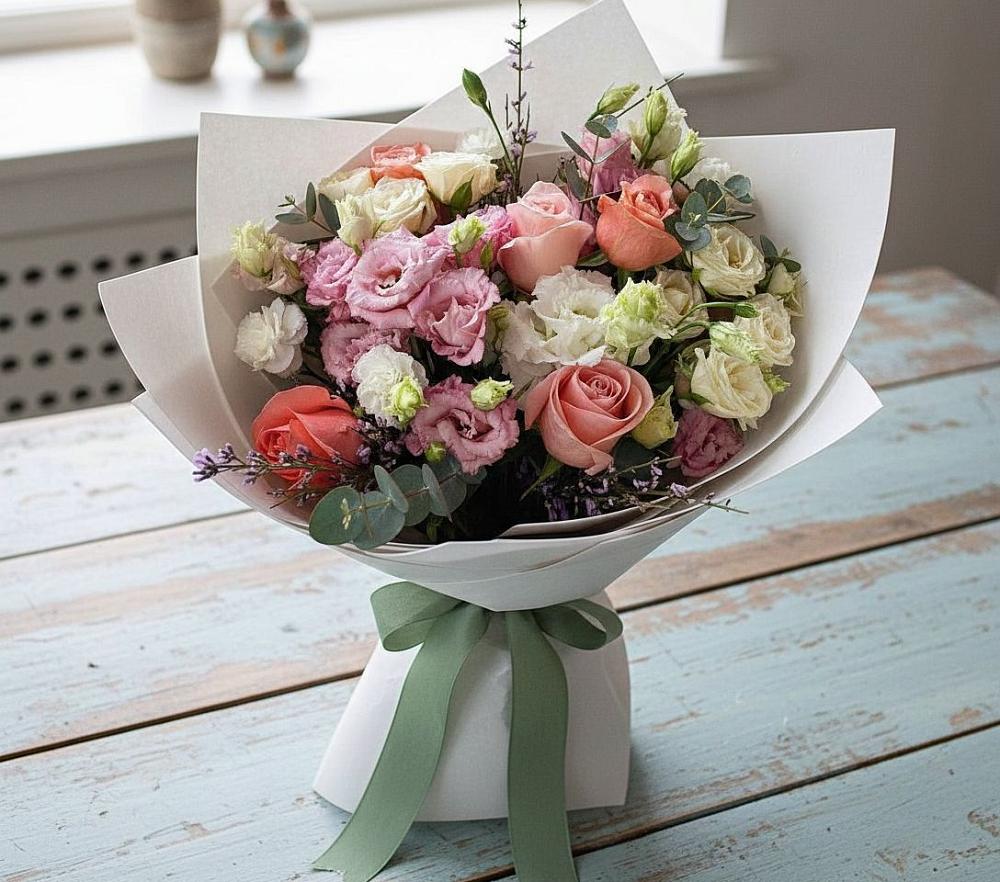 Букет цветов из: Розы, Лизиантусы и Гвоздики в Межозёрном