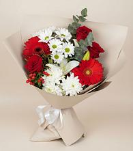 Букет цветов из:  Розы, Хризантемы, Герберы и Лилии в Межозёрном