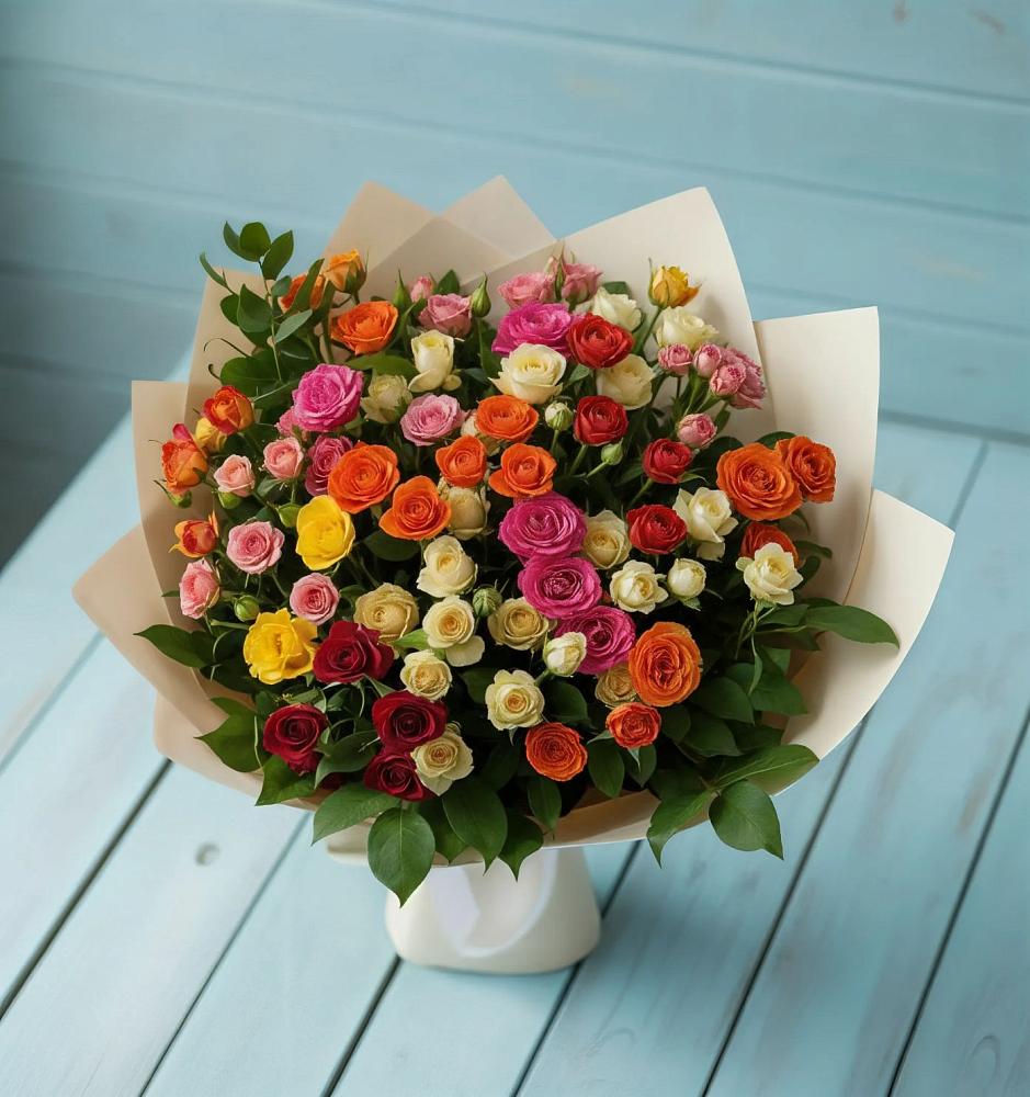 Букет Микс из разноцветных кустовых роз в Межозёрном