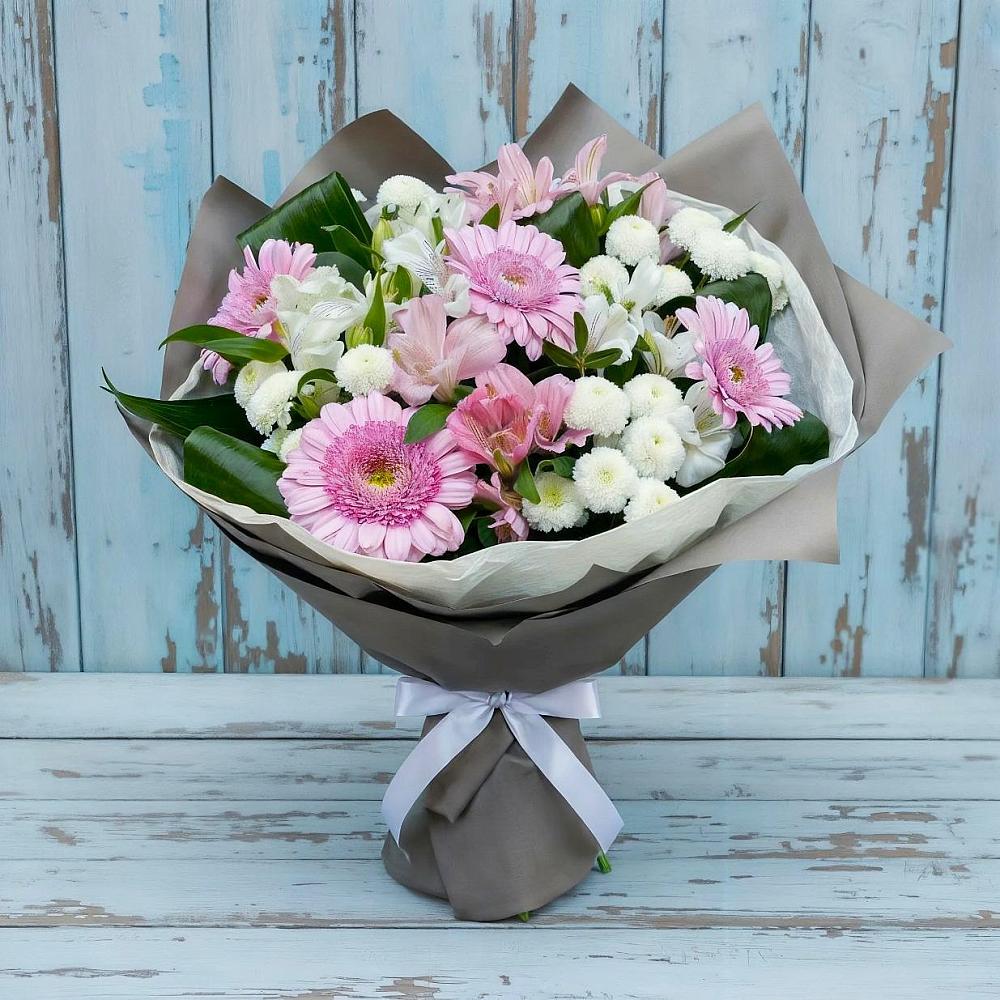 Букет цветов из: Герберы, Альстромерии и Хризантемы в Межозёрном