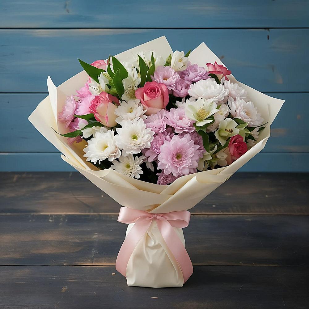 Букет цветов из: Хризантемы, Альстромерии и Розы в Межозёрном